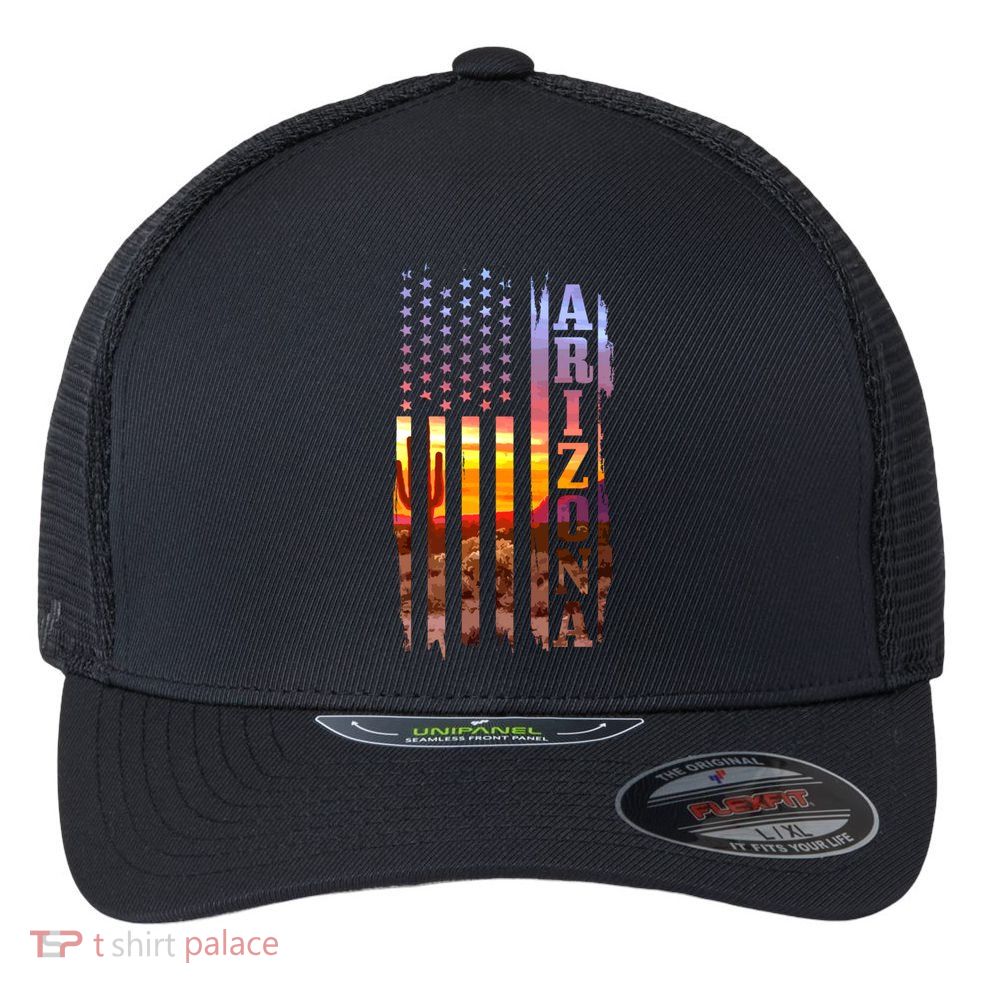 Arizona American Flag Pride Landscape Cactus Patriotic Gift Great Gift Flexfit Unipanel Trucker Cap