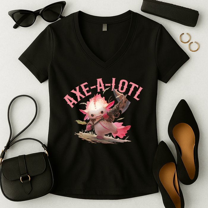 Axolotl Axt-A-Lotl Funny Viking Axe Throwing Lumberjack Women's V-Neck T-Shirt