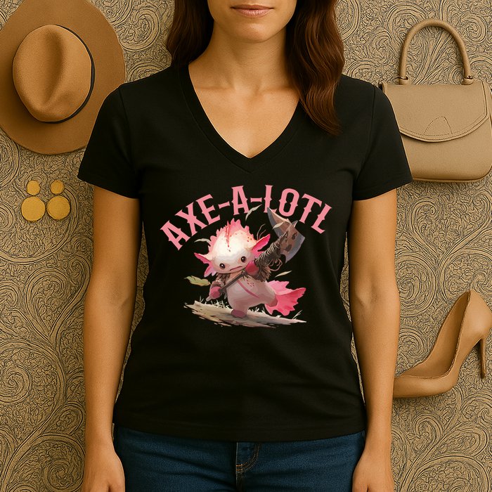 Axolotl Axt-A-Lotl Funny Viking Axe Throwing Lumberjack Women's V-Neck T-Shirt