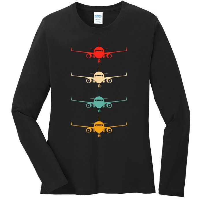 Aviation Airplane Flying Airline Funny Vintage Pilot Ladies Long Sleeve Shirt