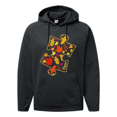 Autism Awareness Fall Leaf Autumn Thanksgiving Puzzle Piece Performance Fleece Hoodie