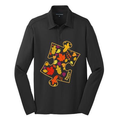 Autism Awareness Fall Leaf Autumn Thanksgiving Puzzle Piece Silk Touch Performance Long Sleeve Polo