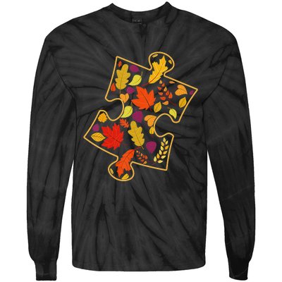 Autism Awareness Fall Leaf Autumn Thanksgiving Puzzle Piece Tie-Dye Long Sleeve Shirt