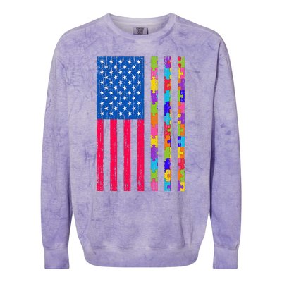 Autism American Flag Distressed For Autism Awareness Colorblast Crewneck Sweatshirt