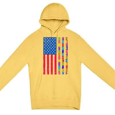 Autism American Flag Distressed For Autism Awareness Premium Pullover Hoodie