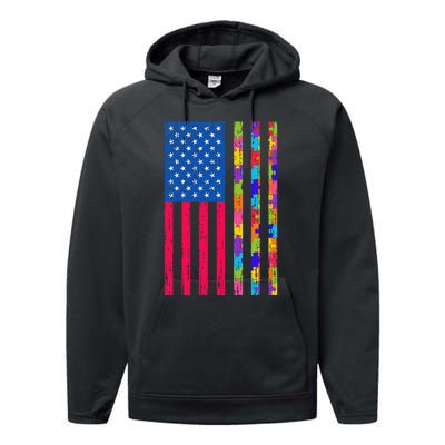 Autism American Flag Distressed For Autism Awareness Performance Fleece Hoodie