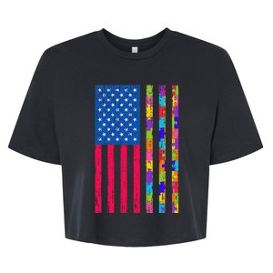 Autism American Flag Distressed For Autism Awareness Bella+Canvas Jersey Crop Tee