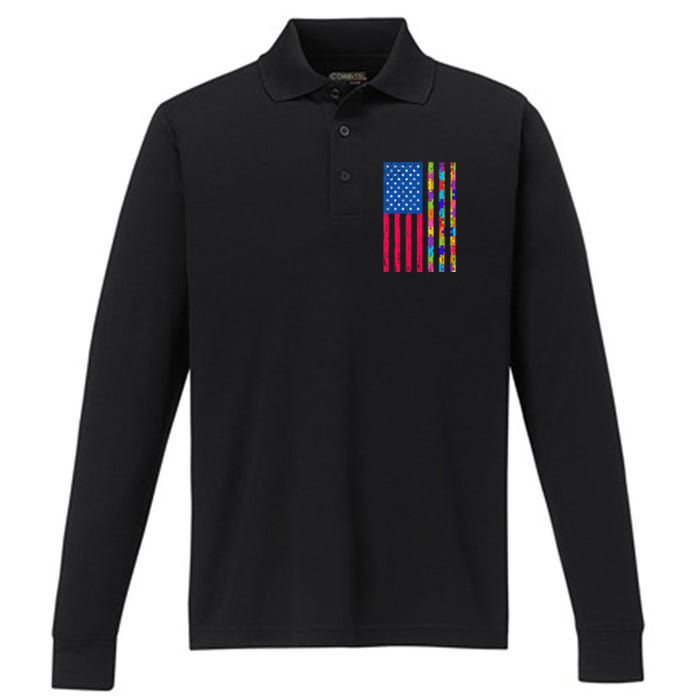 Autism American Flag Distressed For Autism Awareness Performance Long Sleeve Polo