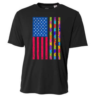 Autism American Flag Distressed For Autism Awareness Cooling Performance Crew T-Shirt