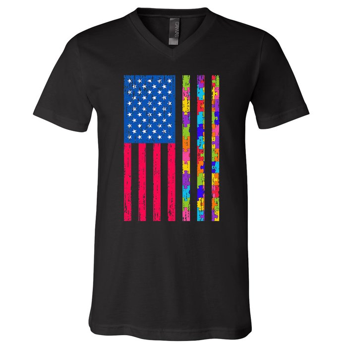 Autism American Flag Distressed For Autism Awareness V-Neck T-Shirt