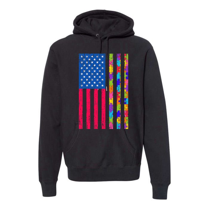 Autism American Flag Distressed For Autism Awareness Premium Hoodie