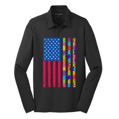 Autism American Flag Distressed For Autism Awareness Silk Touch Performance Long Sleeve Polo