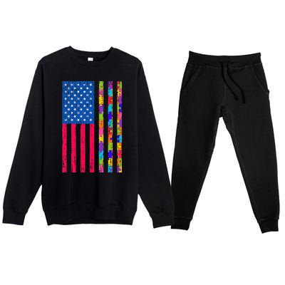 Autism American Flag Distressed For Autism Awareness Premium Crewneck Sweatsuit Set