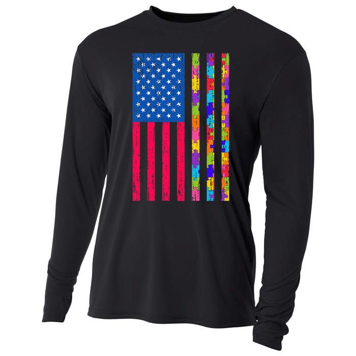 Autism American Flag Distressed For Autism Awareness Cooling Performance Long Sleeve Crew