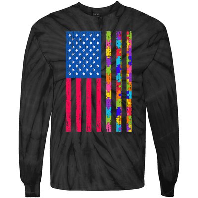 Autism American Flag Distressed For Autism Awareness Tie-Dye Long Sleeve Shirt