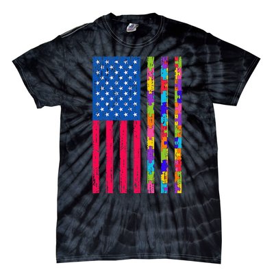 Autism American Flag Distressed For Autism Awareness Tie-Dye T-Shirt