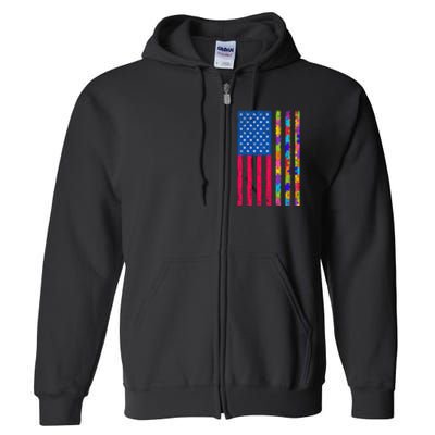 Autism American Flag Distressed For Autism Awareness Full Zip Hoodie