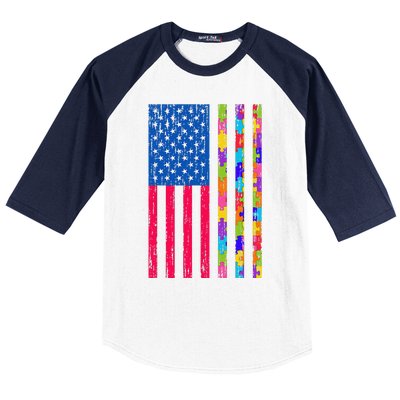 Autism American Flag Distressed For Autism Awareness Baseball Sleeve Shirt