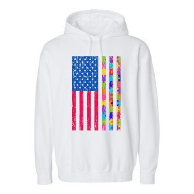 Autism American Flag Distressed For Autism Awareness Garment-Dyed Fleece Hoodie