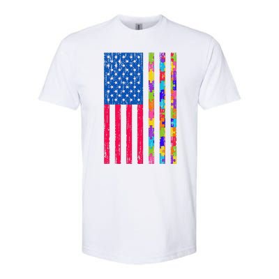 Autism American Flag Distressed For Autism Awareness Softstyle CVC T-Shirt