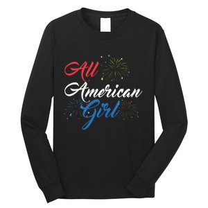 All American Girl Women American Flag 4th Of July Fireworks Long Sleeve Shirt