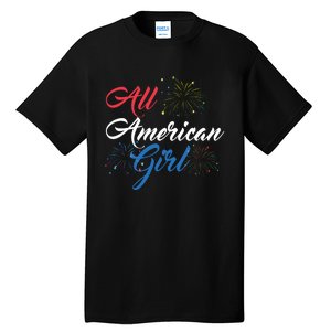 All American Girl Women American Flag 4th Of July Fireworks Tall T-Shirt