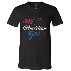 All American Girl Women American Flag 4th Of July Fireworks V-Neck T-Shirt