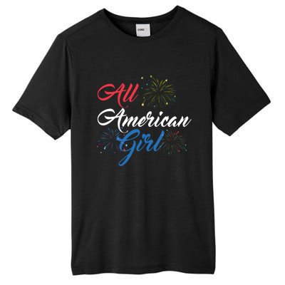 All American Girl Women American Flag 4th Of July Fireworks Tall Fusion ChromaSoft Performance T-Shirt