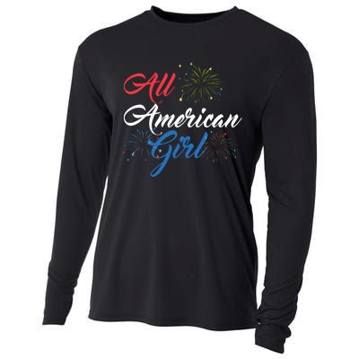 All American Girl Women American Flag 4th Of July Fireworks Cooling Performance Long Sleeve Crew