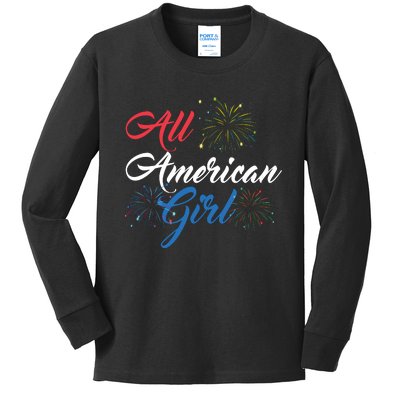 All American Girl Women American Flag 4th Of July Fireworks Kids Long Sleeve Shirt