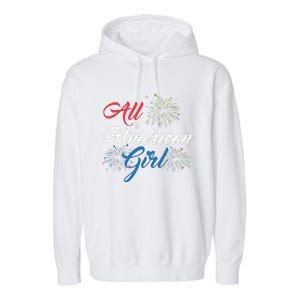 All American Girl Women American Flag 4th Of July Fireworks Garment-Dyed Fleece Hoodie