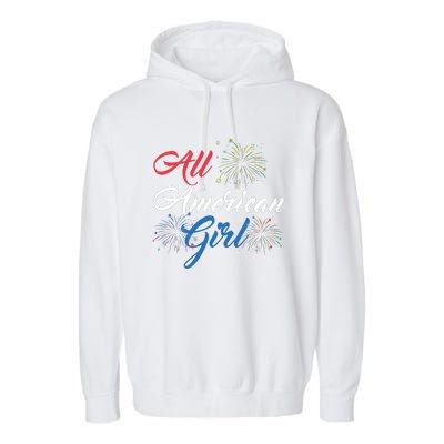 All American Girl Women American Flag 4th Of July Fireworks Garment-Dyed Fleece Hoodie