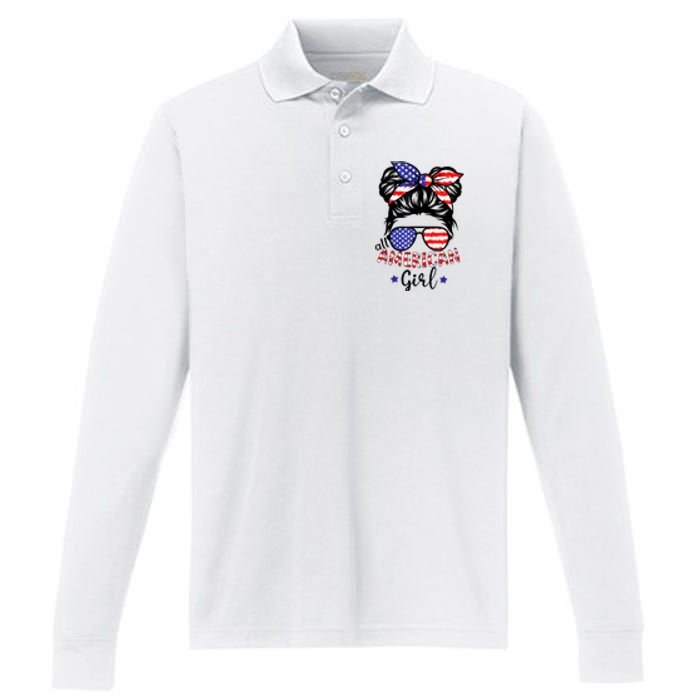 All American Girl 4th Of July Bleached Daughter USA Performance Long Sleeve Polo