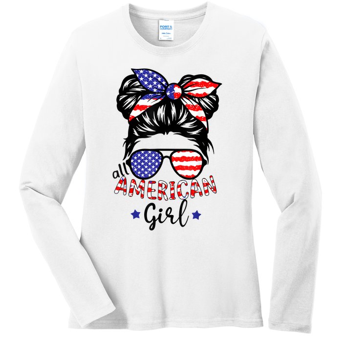 All American Girl 4th Of July Bleached Daughter USA Ladies Long Sleeve Shirt