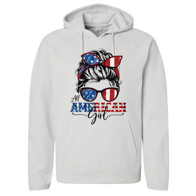 All American Girl 4th Of July Women Messy Bun USA Flag Performance Fleece Hoodie