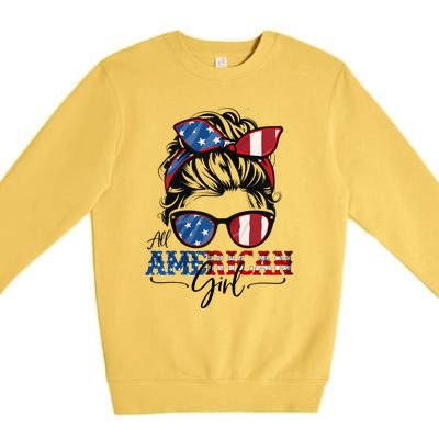 All American Girl 4th Of July Women Messy Bun USA Flag Premium Crewneck Sweatshirt