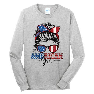 All American Girl 4th Of July Women Messy Bun USA Flag Tall Long Sleeve T-Shirt