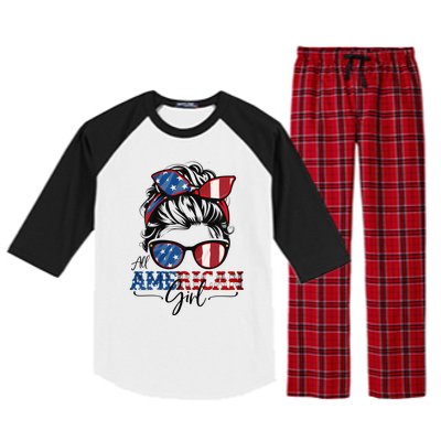 All American Girl 4th Of July Women Messy Bun USA Flag Raglan Sleeve Pajama Set