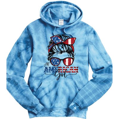 All American Girl 4th Of July Women Messy Bun USA Flag Tie Dye Hoodie