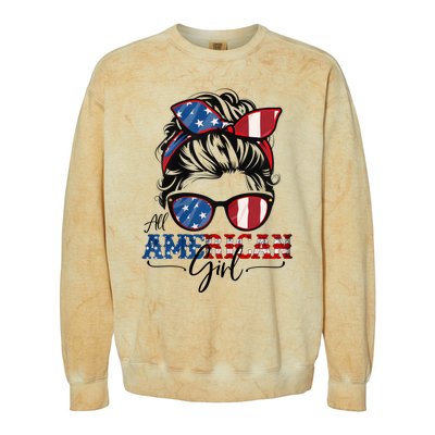 All American Girl 4th Of July Women Messy Bun USA Flag Colorblast Crewneck Sweatshirt