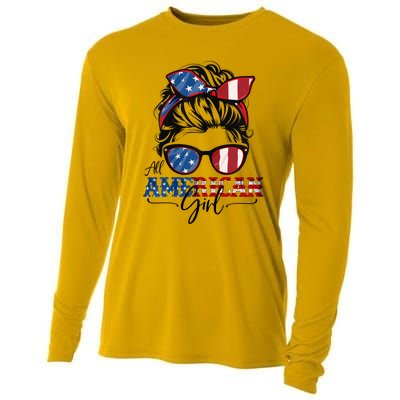 All American Girl 4th Of July Women Messy Bun USA Flag Cooling Performance Long Sleeve Crew