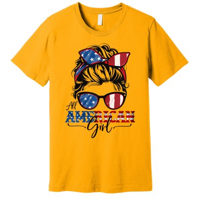 All American Girl 4th Of July Women Messy Bun USA Flag Premium T-Shirt