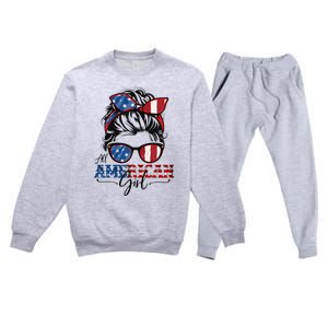 All American Girl 4th Of July Women Messy Bun USA Flag Premium Crewneck Sweatsuit Set