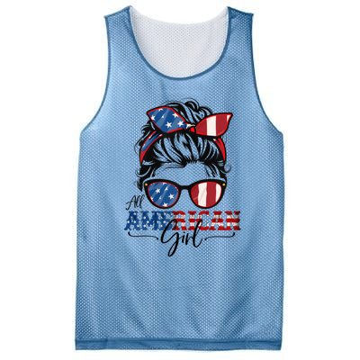 All American Girl 4th Of July Women Messy Bun USA Flag Mesh Reversible Basketball Jersey Tank