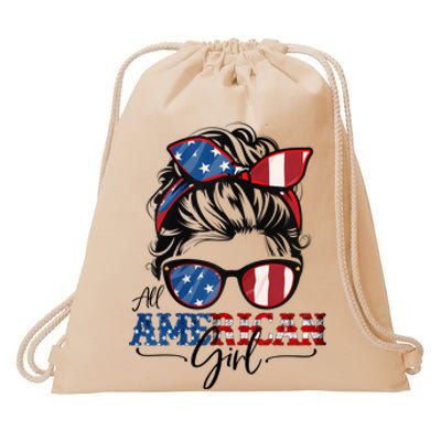 All American Girl 4th Of July Women Messy Bun USA Flag Drawstring Bag