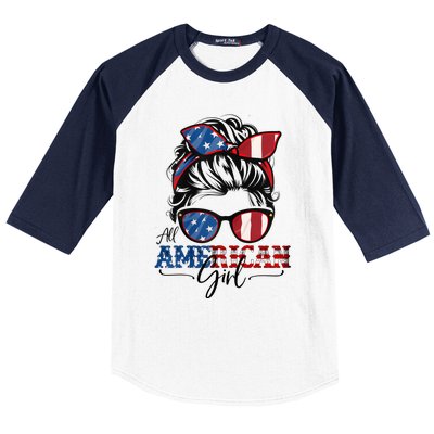 All American Girl 4th Of July Women Messy Bun USA Flag Baseball Sleeve Shirt