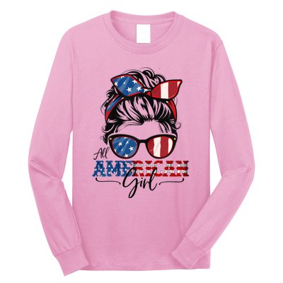 All American Girl 4th Of July Women Messy Bun USA Flag Long Sleeve Shirt