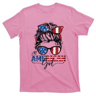 All American Girl 4th Of July Women Messy Bun USA Flag T-Shirt