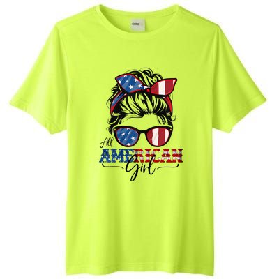 All American Girl 4th Of July Women Messy Bun USA Flag Tall Fusion ChromaSoft Performance T-Shirt