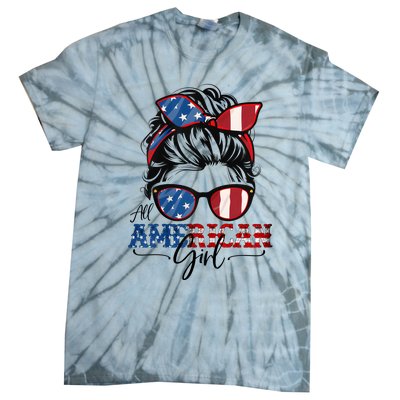 All American Girl 4th Of July Women Messy Bun USA Flag Tie-Dye T-Shirt